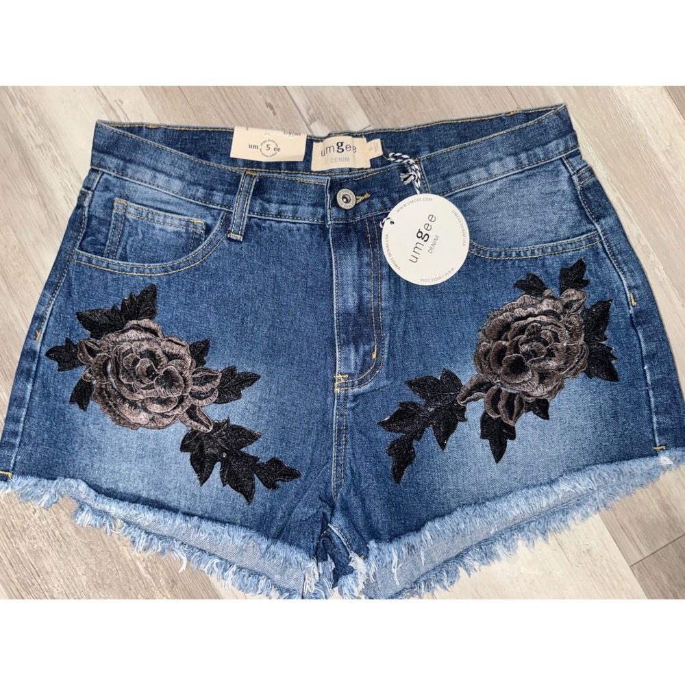 Umgee Denim Shorts Women Blue Floral Embroidered Frayed Hem Size 5